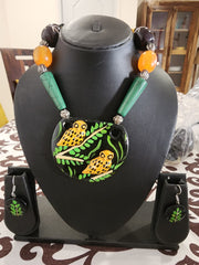 Beadas Necklace with Handpainted Owl Clay Pendant with Earrings