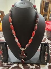 Agate Stone Necklace with silver polisehed Beads & Earrings
