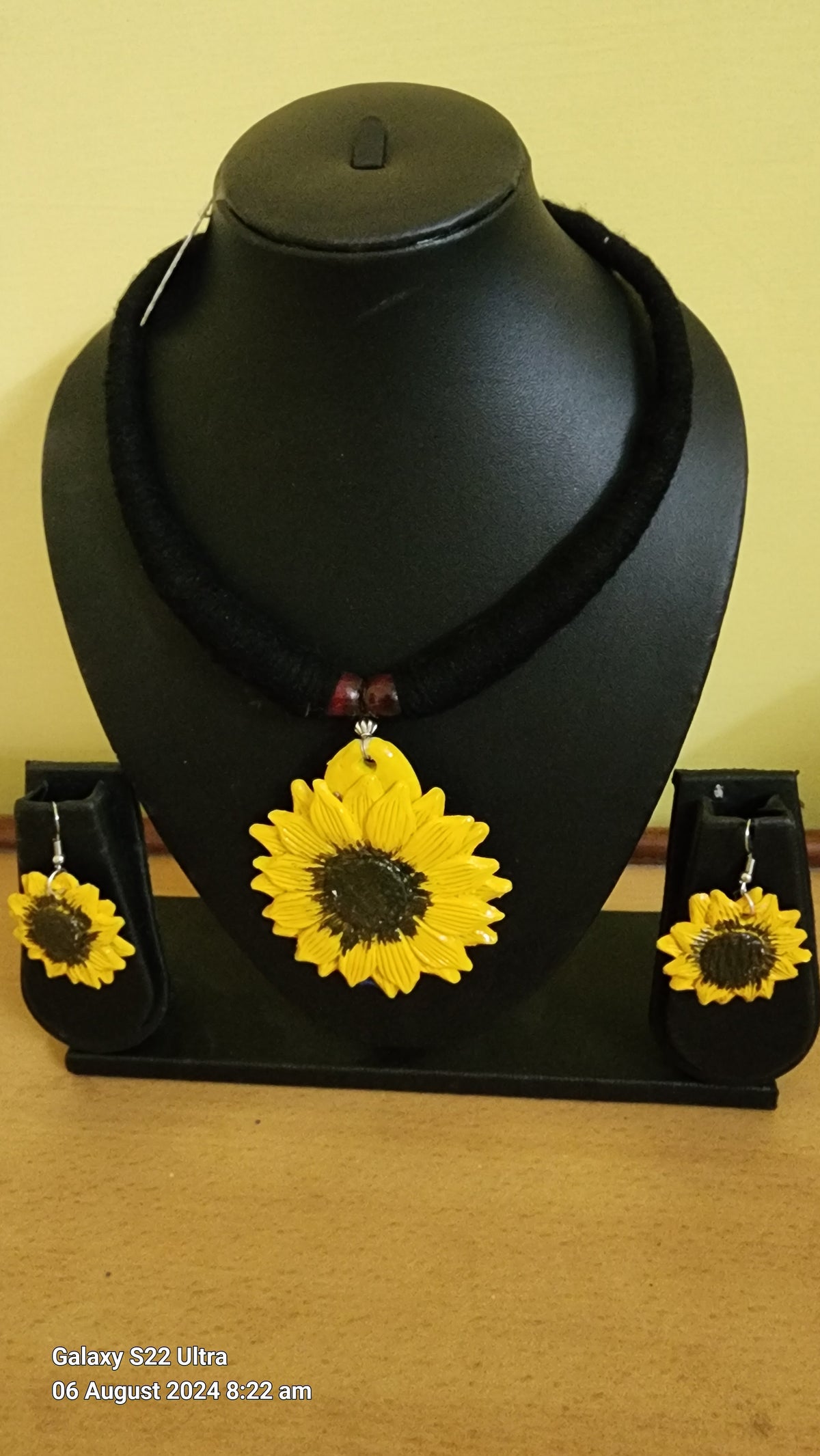 Handpainted Sunflower Clay Pendant & Earrings Necklace