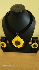 Handpainted Sunflower Clay Pendant & Earrings Necklace