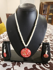 Pearl Necklace with Shell Pendant & Earrings