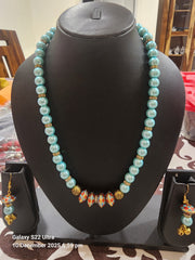 Aqua Blue Pearl Necklace with Earrings