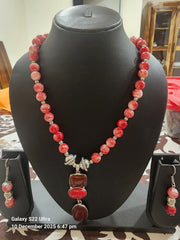 Onyx Stone Necklace with Red Coral Pendant & Earrings