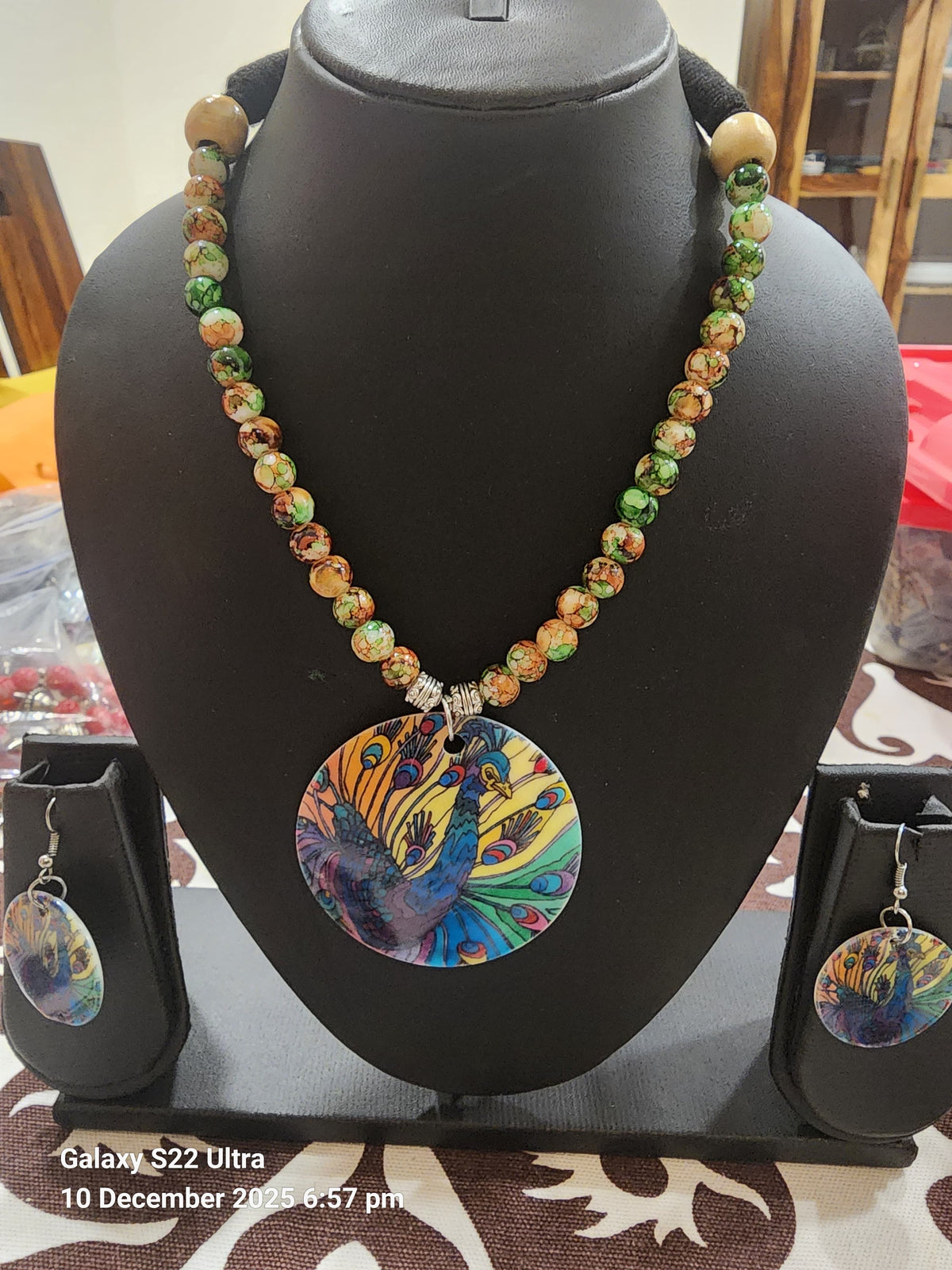 Onyx Stone Necklace with Peacock Clay Pendant & Earrings