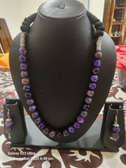 Onyx Stone Necklace with silver polisehed Beads & Earrings