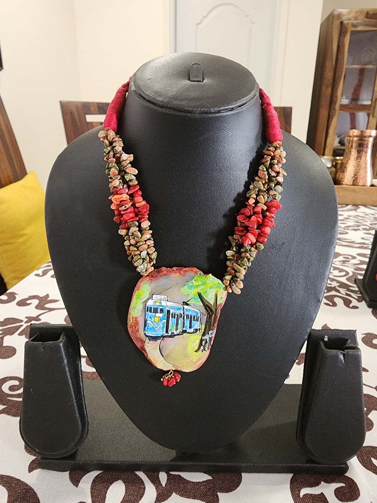 Textured Stone Necklace with Handpainted Tram Clay Pendant