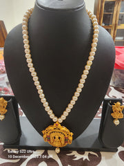 Pearl Necklace with Temple Pendant & Earrings
